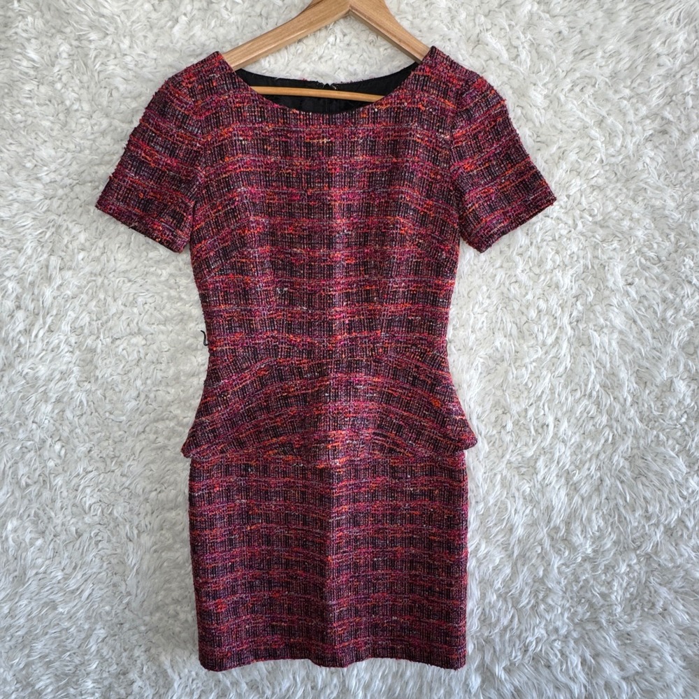 Trina Turk Tweed Plaid Peplum Short Sleeve Dress Sz 2 Above Knee *Missing Belt*